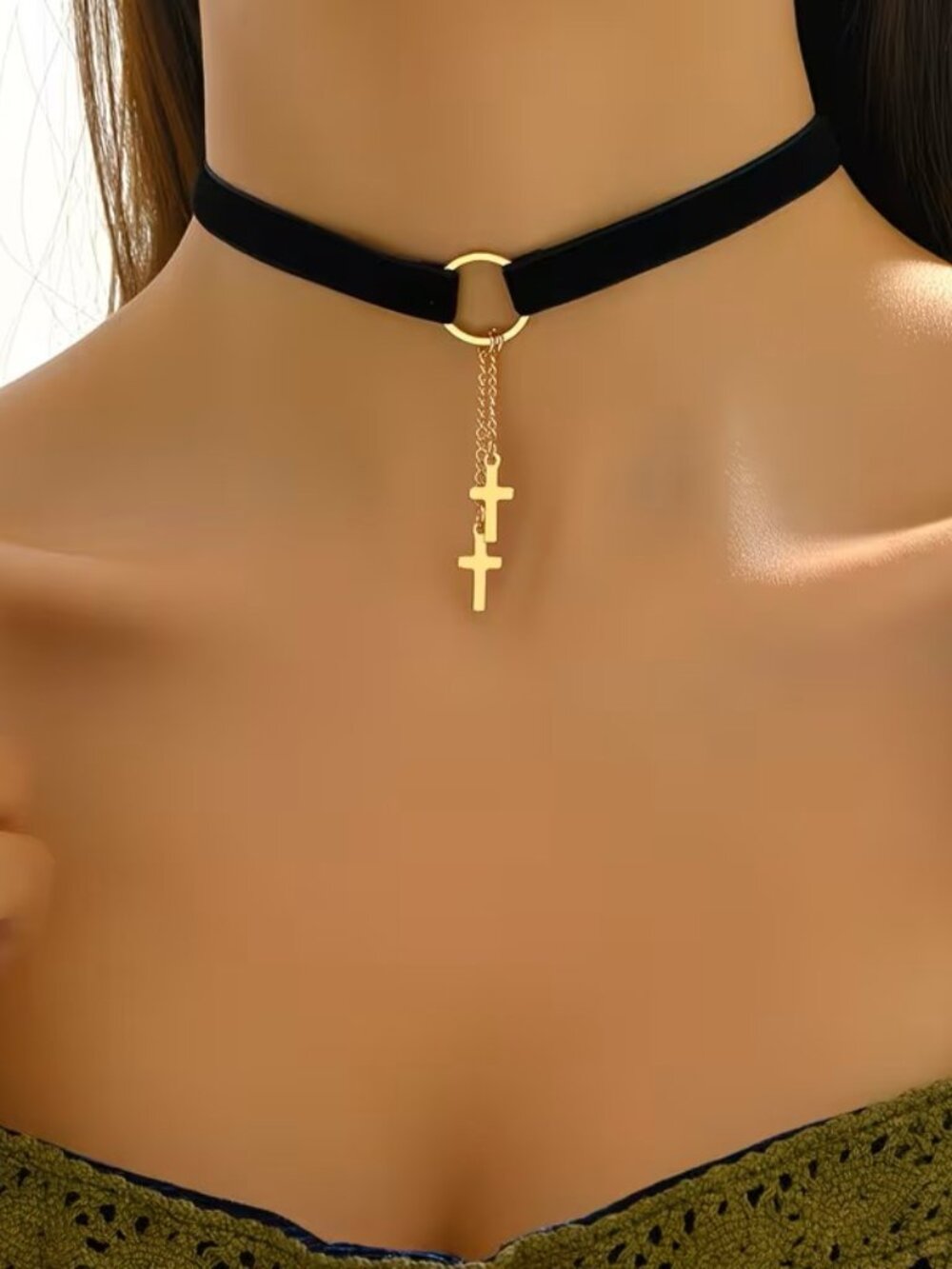 Cross Choker Necklace Womens Gothic Punk O Ring Dangle Pendant Statement Jewelry